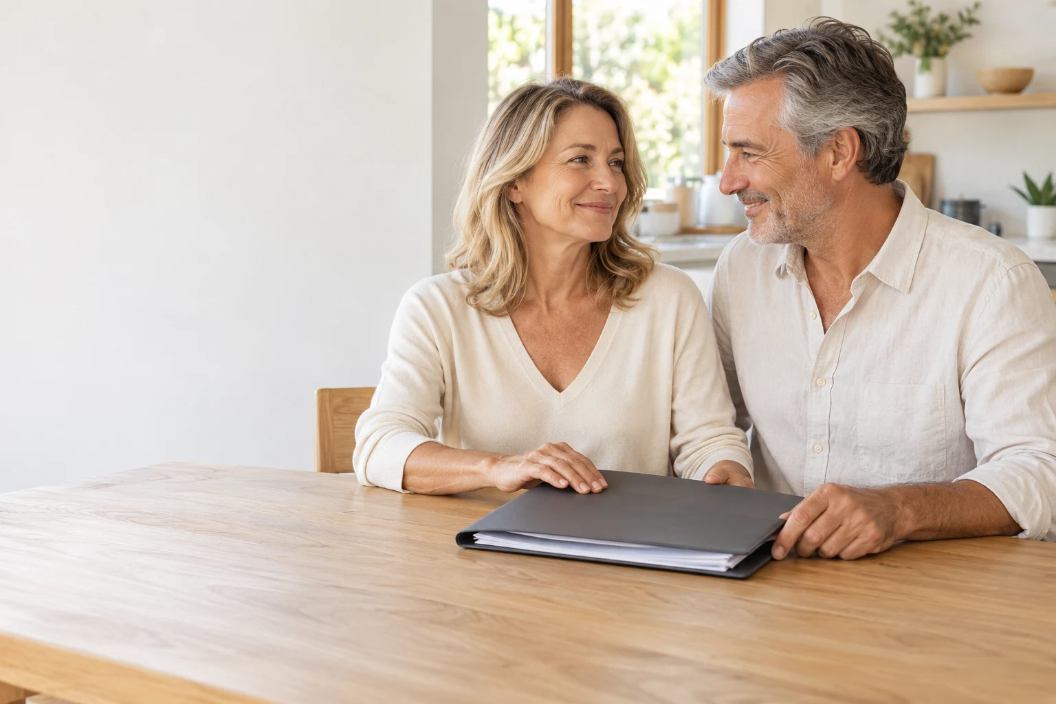 Illustrative scene of a couple closing a folder of paperwork at home